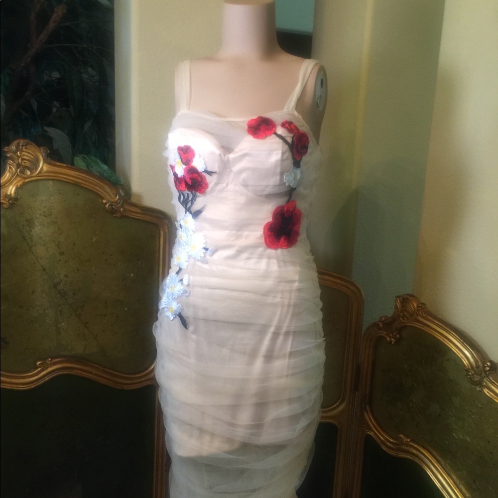 Beautiful nude dress with organza overlay/ appliqué flowers